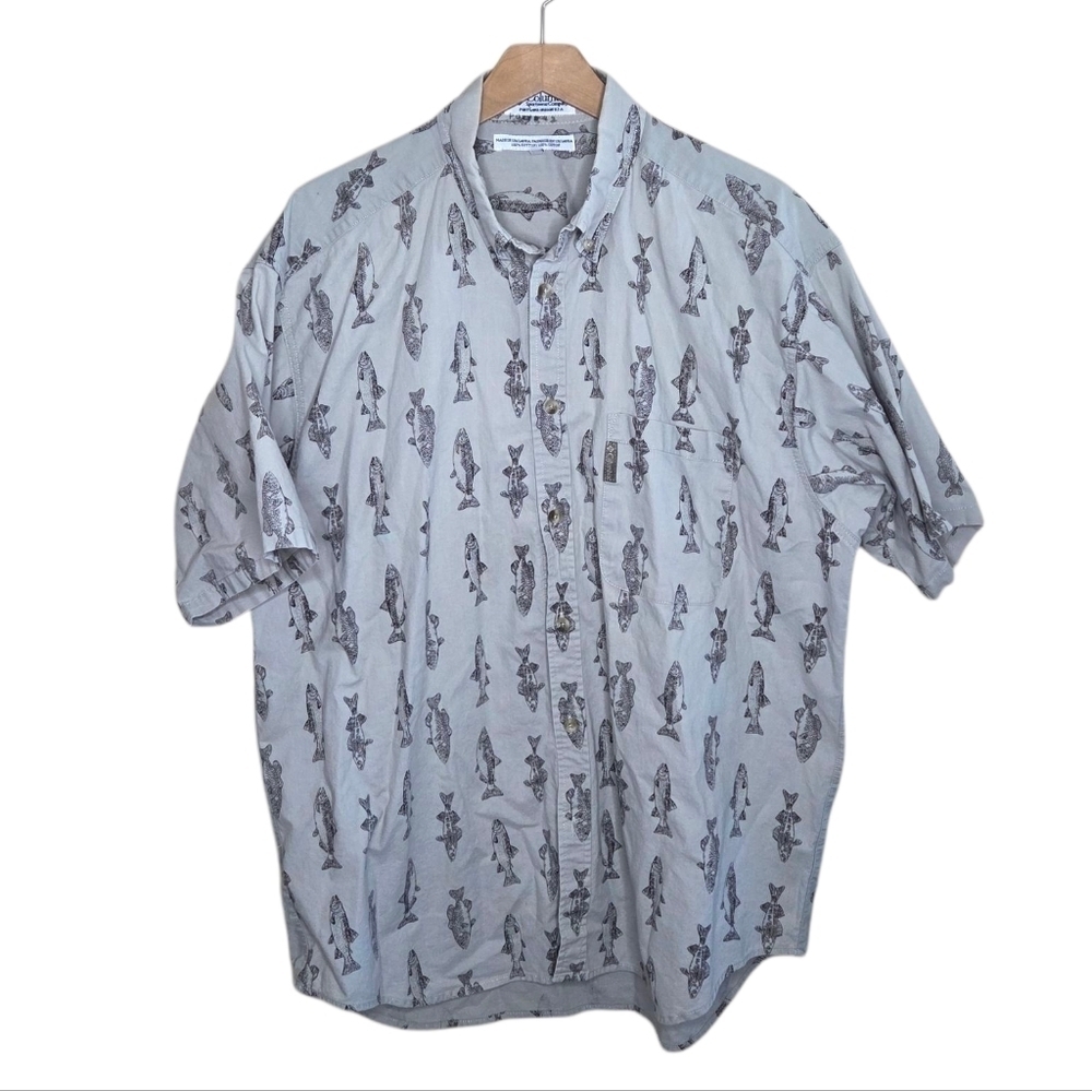 Columbia Sportswear Fish Print Short Sleeve Button Front Shirt Size Large